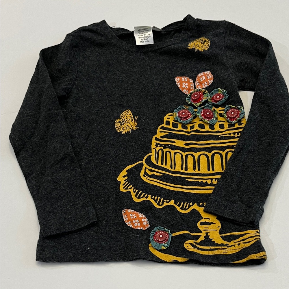 MOXIE & MABEL Dark Grey w/ Gold Cake Button Flowers Butterfly Design LS Shirt